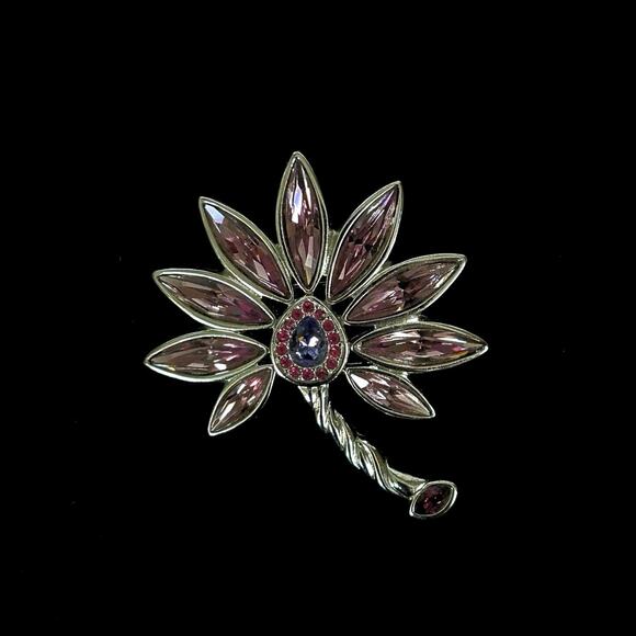 Swarovski Silver Tone Pink and Purple Flower 2 inch Brooch Pin - Picture 1 of 6